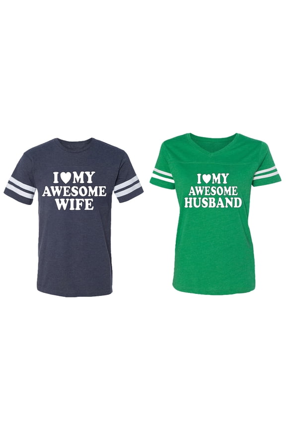 I love My Awesome Husband wife Matching Couple Cotton Jerseys (Men Navy / Women Green) (Men XL / Women XL)