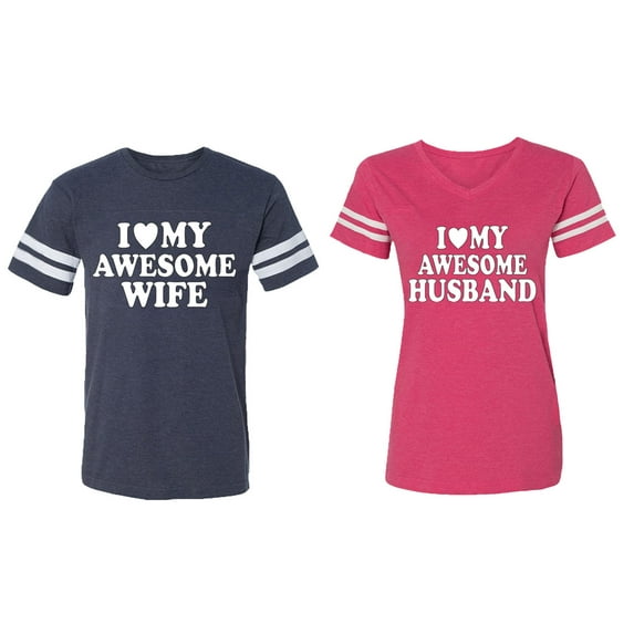 I love My Awesome Husband wife Matching Couple Cotton Jerseys (Men Navy / Women Pink) (Men XXXL / Women XXL)