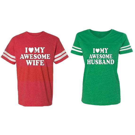 I love My Awesome Husband wife Matching Couple Cotton Jerseys (Men Red / Women Green) (Men XXL / Women XXL)