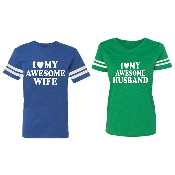 I love My Awesome Husband wife Matching Couple Cotton Jerseys (Men Royal / Women Green) (Men S / Women M)