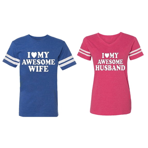 I love My Awesome Husband wife Matching Couple Cotton Jerseys (Men Royal / Women Pink) (Men XL / Women S)