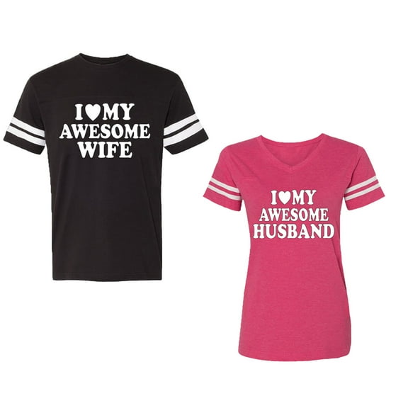 I love My Awesome Husband wife Unisex Couple Matching Cotton Jersey style T-Shirt Contrasting stripes on sleeves (Men Black / Women Pink) (Men XL / Women XL)