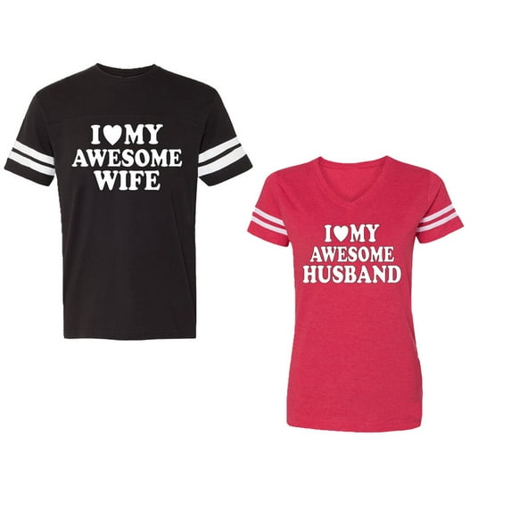 I love My Awesome Husband wife Unisex Couple Matching Cotton Jersey style T-Shirt Contrasting stripes on sleeves (Men Black / Women Red) (Men XXL / Women S)