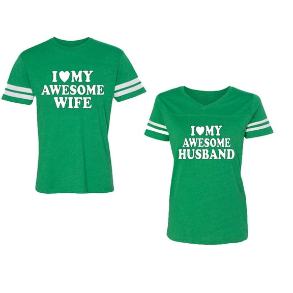 I love My Awesome Husband wife Unisex Couple Matching Cotton Jersey style T-Shirt Contrasting stripes on sleeves (Men Green / Women Green) (Men XL / Women L)