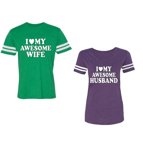 I love My Awesome Husband wife Unisex Couple Matching Cotton Jersey style T-Shirt Contrasting stripes on sleeves (Men Green / Women Purple) (Men S / Women XL)