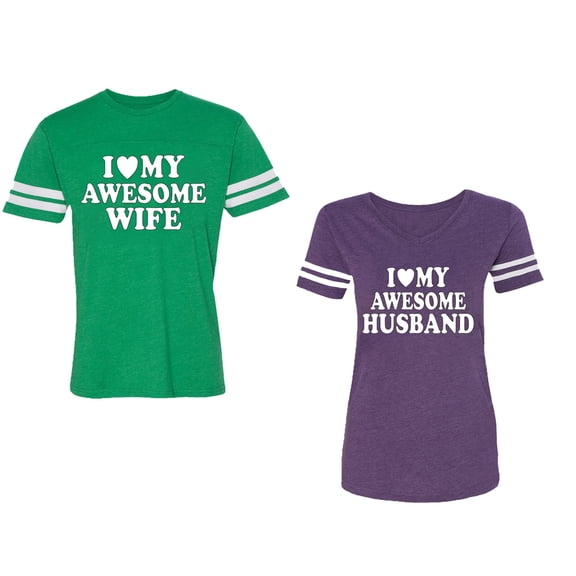 I love My Awesome Husband wife Unisex Couple Matching Cotton Jersey style T-Shirt Contrasting stripes on sleeves (Men Green / Women Purple) (Men XL / Women XXL)