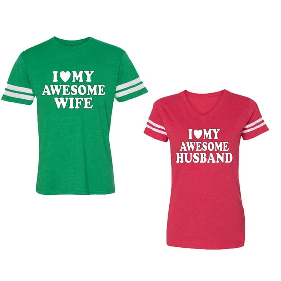 I love My Awesome Husband wife Unisex Couple Matching Cotton Jersey style T-Shirt Contrasting stripes on sleeves (Men Green / Women Red) (Men S / Women S)