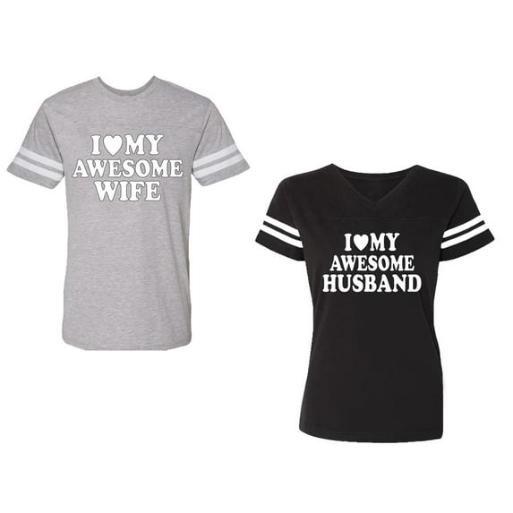 I love My Awesome Husband wife Unisex Couple Matching Cotton Jersey style T-Shirt Contrasting stripes on sleeves (Men Heather / Women Black) (Men XL / Women S)