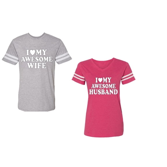 I love My Awesome Husband wife Unisex Couple Matching Cotton Jersey style T-Shirt Contrasting stripes on sleeves (Men Heather / Women Pink) (Men S / Women M)
