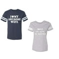 thumbnail image 1 of I love My Awesome Husband wife Unisex Couple Matching Cotton Jersey style T-Shirt Contrasting stripes on sleeves (Men Navy / Women Heather) (Men L / Women M), 1 of 3