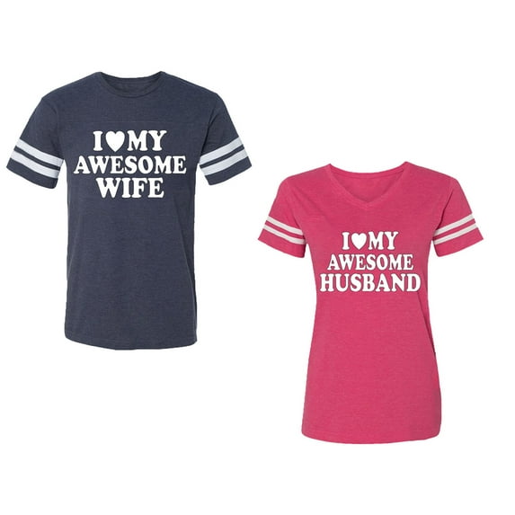 I love My Awesome Husband wife Unisex Couple Matching Cotton Jersey style T-Shirt Contrasting stripes on sleeves (Men Navy / Women Pink) (Men XXL / Women XXL)