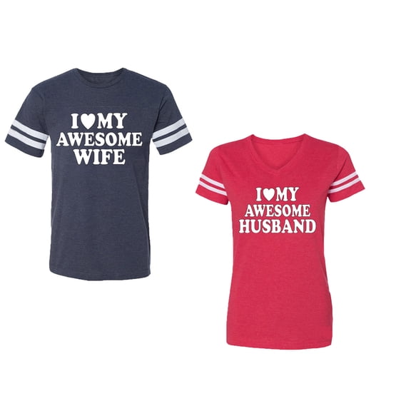 I love My Awesome Husband wife Unisex Couple Matching Cotton Jersey style T-Shirt Contrasting stripes on sleeves (Men Navy / Women Red) (Men S / Women XXL)