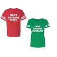 thumbnail image 1 of I love My Awesome Husband wife Unisex Couple Matching Cotton Jersey style T-Shirt Contrasting stripes on sleeves (Men Red / Women Green) (Men XXL / Women L), 1 of 3
