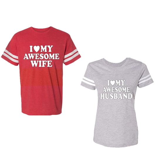 I love My Awesome Husband wife Unisex Couple Matching Cotton Jersey style T-Shirt Contrasting stripes on sleeves (Men Red / Women Heather) (Men XXL / Women XXL)