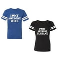 thumbnail image 1 of I love My Awesome Husband wife Unisex Couple Matching Cotton Jersey style T-Shirt Contrasting stripes on sleeves (Men Royal / Women Black) (Men S / Women XXL), 1 of 3