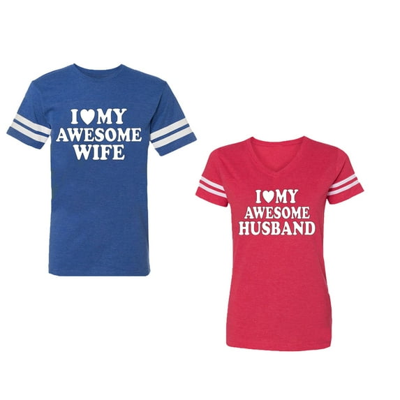 I love My Awesome Husband wife Unisex Couple Matching Cotton Jersey style T-Shirt Contrasting stripes on sleeves (Men Royal / Women Red) (Men S / Women S)