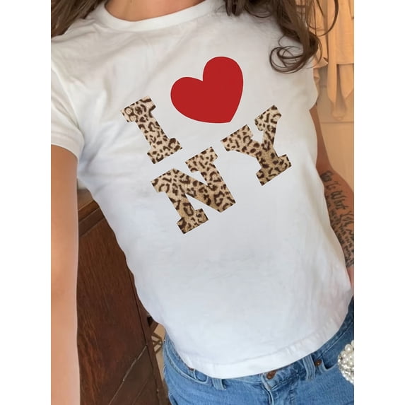 I love New York Letter Print T-shirt, Short Sleeve Crew Neck Crop Top For Summer & Spring, Women's Clothing