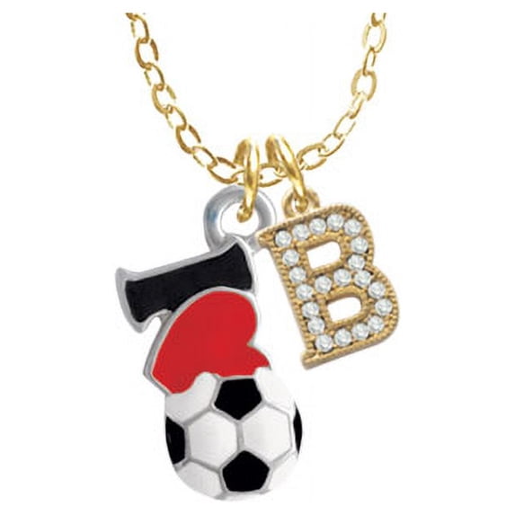 I love Soccer - Red Heart - B - Gold Tone Crystal Initial Sophia Necklace, 18"+1"