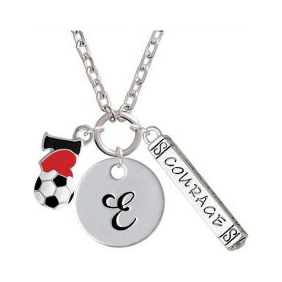I love Soccer - Red Heart - E - Script Initial Disc Courage Strength Wisdom Zoe Necklace