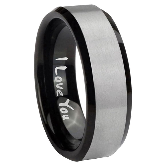 I love You Beveled Edge Gray And Black Tungsten Men Ring 10MM