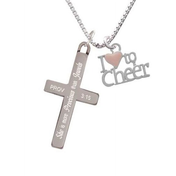 I love to Cheer with Pink Heart - She is More Precious - Cross Necklace