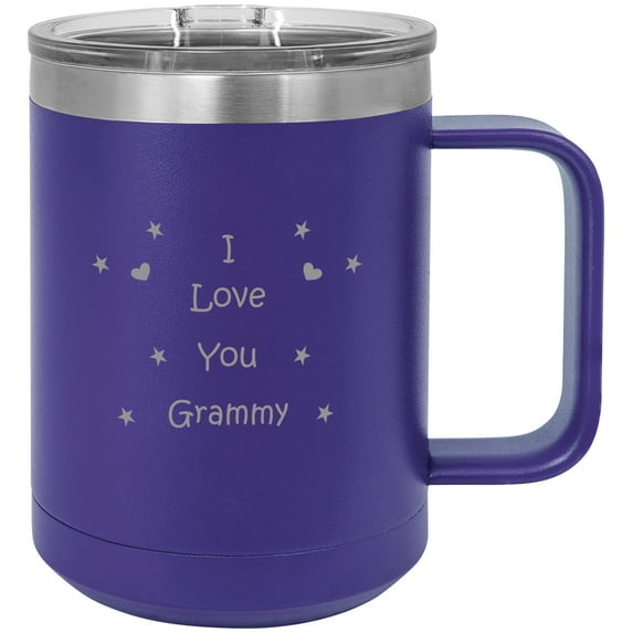 I love you Grammy Stainless Steel Vacuum Insulated 15 Oz Engraved Travel Coffee Mug with Slider Lid, Purple