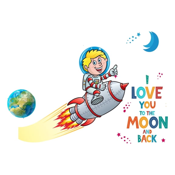 I love you to the Moon & back Quote LetteringWall Decal Decoration I love you to the Moon & back Adventurous Space Cartoon Rocket Decorating Ideas for Child's Bedroom Size: 10 In(W) x 7 In(H)
