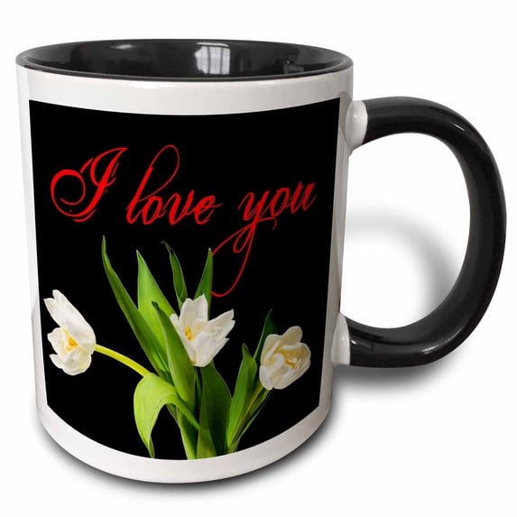 I love you red text, three white tulip flowers, green stems on black 11oz Two-Tone Black Mug mug-280803-4
