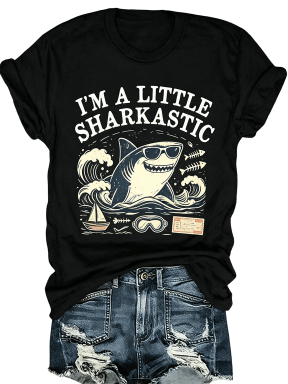 I'm A Little Sharkastic Retro Cool Shark With Sunglasses Graphic T-Shirt, Funny Ocean Pun Summer Beach Wave Sailboat Sea Animal Short Sleeve Tee