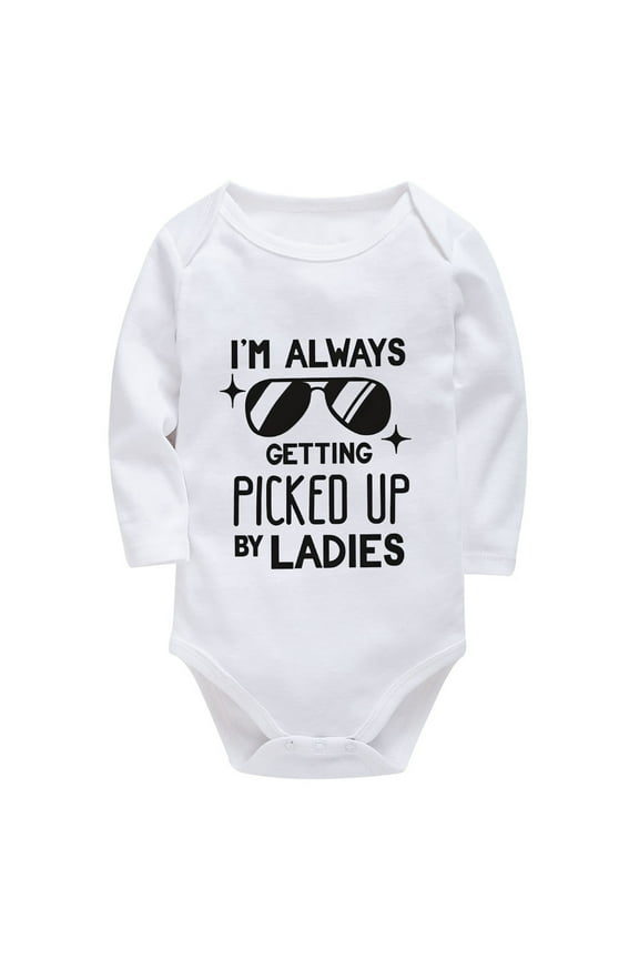 I'm Always Getting Picked Up By Ladies Home from Hospital Baby Girl Outfit Long Sleeve Baby Bodysuit Neutral White Infant on