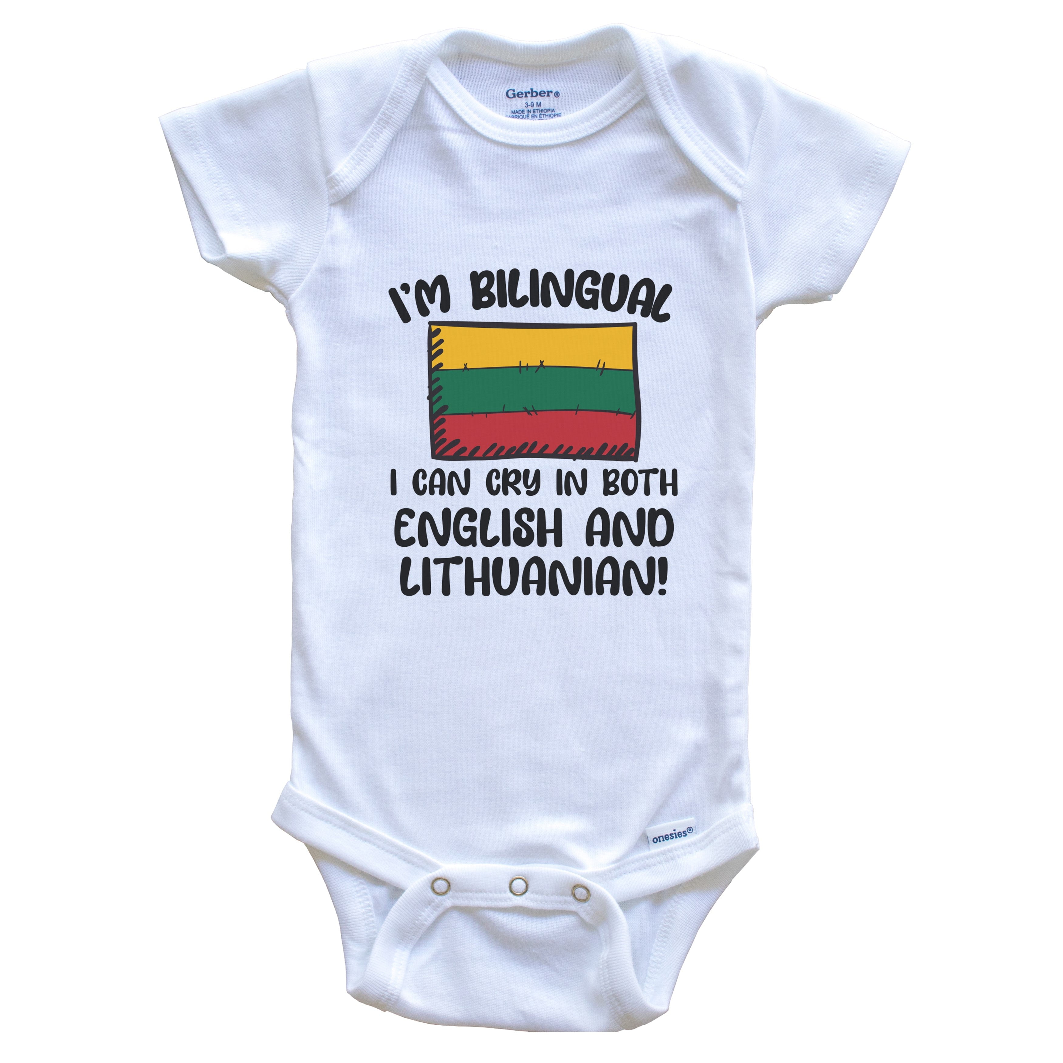 I'm Bilingual I Can Cry in Both English and Lithuanian Funny Lithuanian Flag Baby Bodysuit - Lithuania One Piece, 0-3 months white