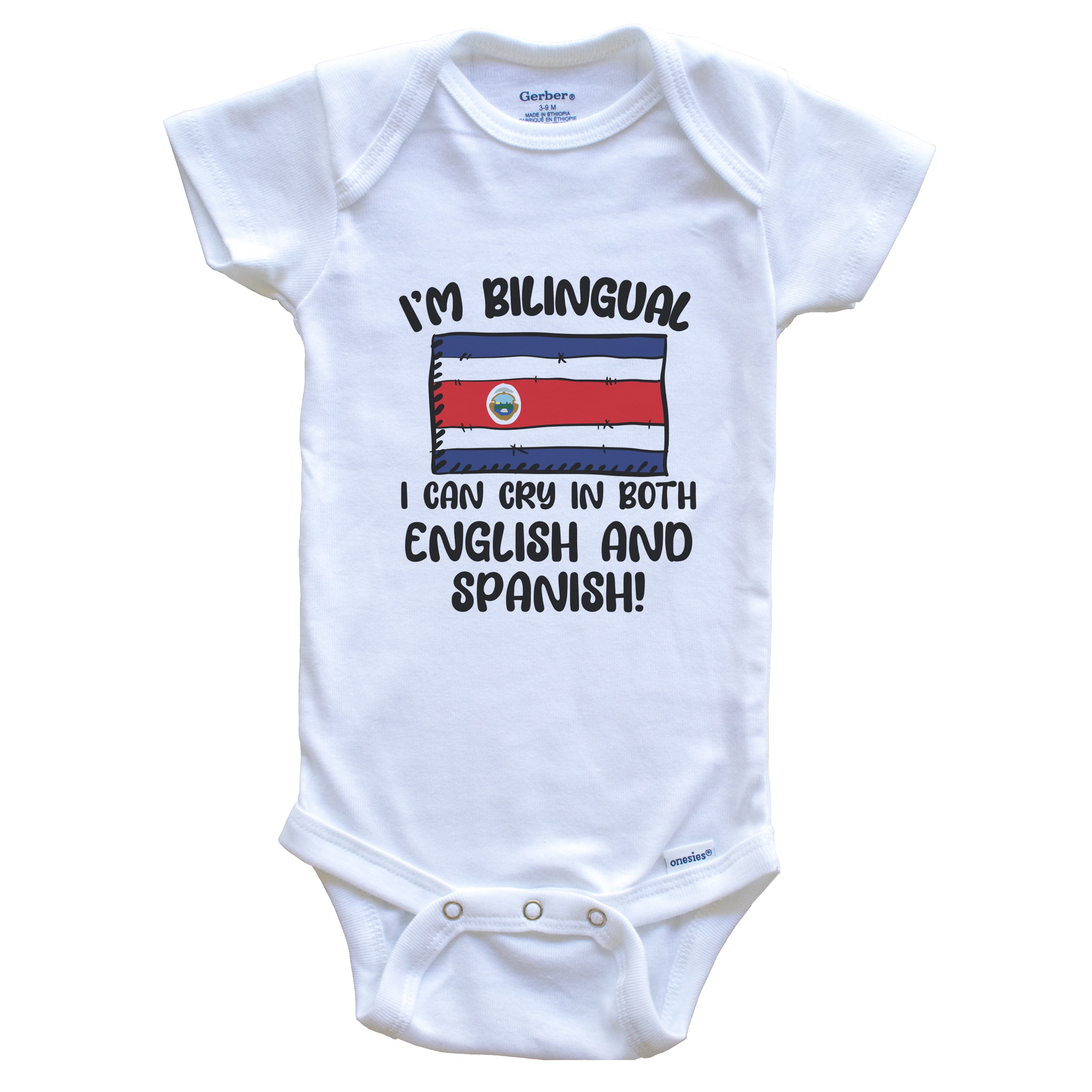 I'm Bilingual I Can Cry in Both English and Spanish Funny Costa Rican Flag Baby Bodysuit - Costa Rica One Piece, 6-9 months white