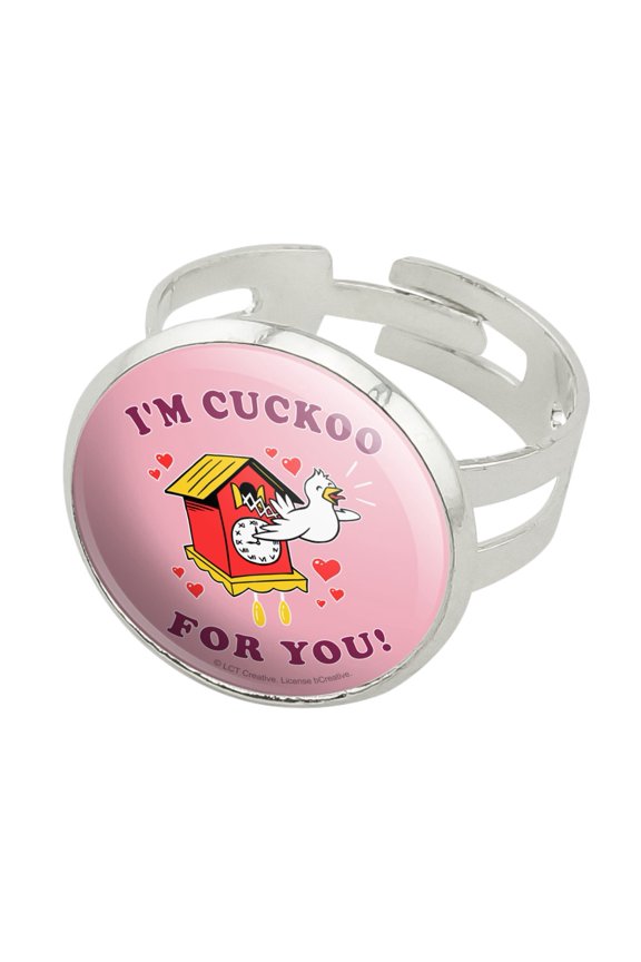 I'm Cuckoo For You Crazy Clock Funny Humor Silver Plated Adjustable Novelty Ring