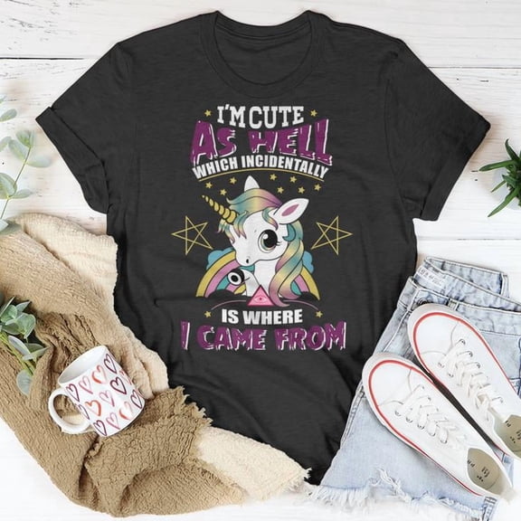I’m Cute as Hell Majestically Evil Unicorns Graphic Cotton Tee Unisex Adult Casual Fantasy Humor T-Shirt, Size S, Color Black
