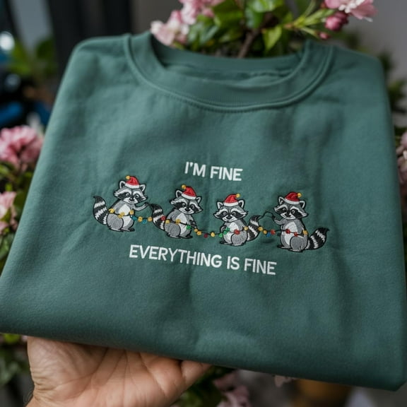 I'm Fine Everything Is Fine Embroidered Sweatshirt, Funny Racoon Christmas Sweat, Racoon Christmas Hoodie, Funny Meme Cewneck