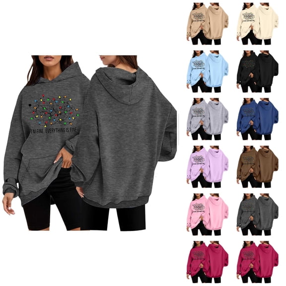 I'm Fine Everything Is Fine Funny Christmas Hoodies for Women Long Sleeve Holiday Hooded Sweatshirt with Pockets Pullover Top