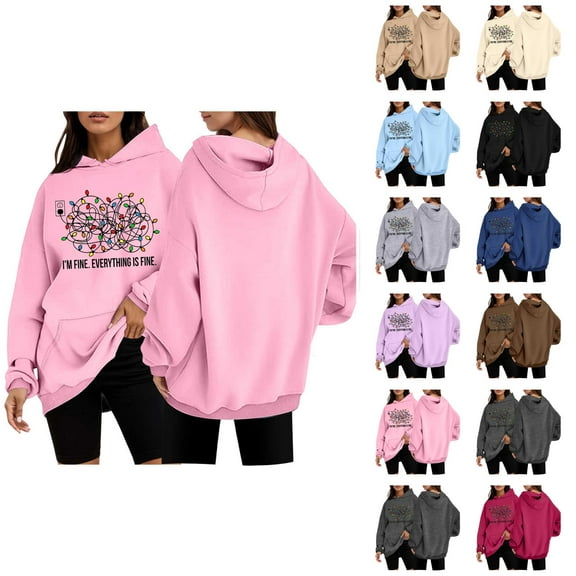 I'm Fine Everything Is Fine Funny Christmas Hoodies for Women Long Sleeve Holiday Hooded Sweatshirt with Pockets Pullover Top