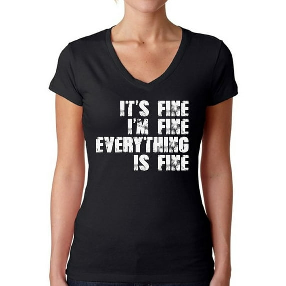 I'm Fine Shirt for Her Mental Health Gifts Short Sleeve V-neck Top Sarcastic Quotes Depression Women's Tee