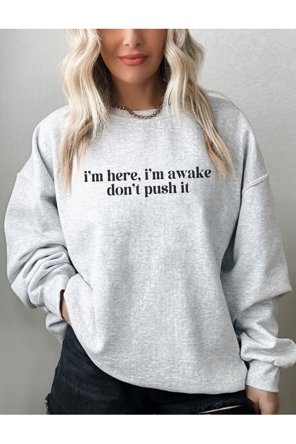 I'm Here I'm Awake Don't Push It Sweatshirt, Saying Sweatshirt, Sweater, Antisocial Sweater, Introvert Crewneck All Size S-5Xl