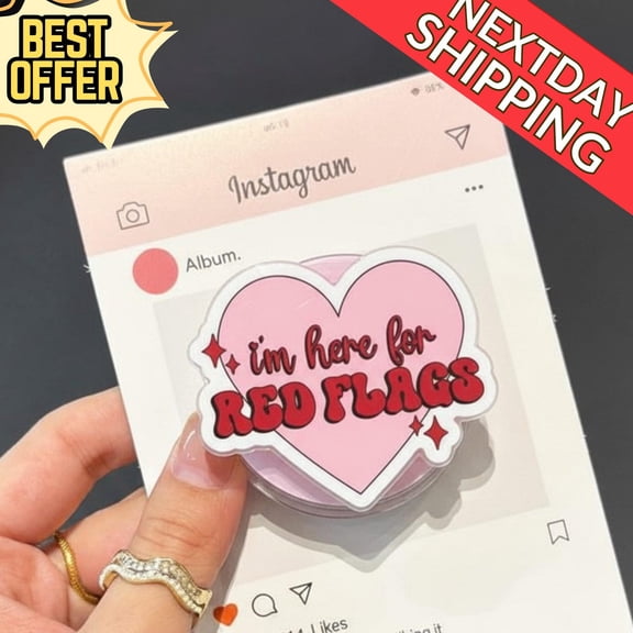 I'm Here for Red Flags Magnetic Phone Grip Cute Heart , Fun Quote Grip for iPhone & Smartphone, Aesthetic Phone Accessory H8