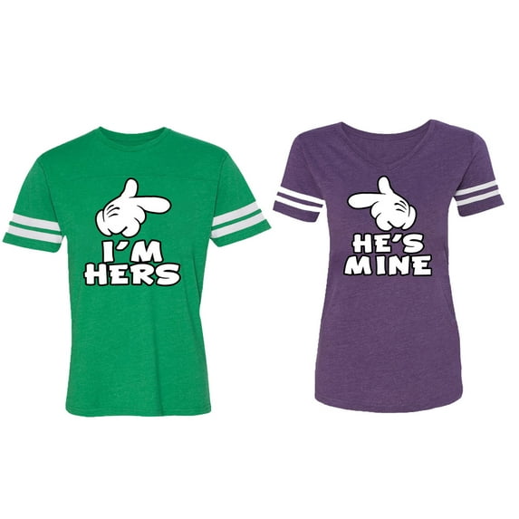 I'm Hers He's Mine Matching Couple Cotton Jerseys (Men Green / Women Purple) (Men M / Women XXL)