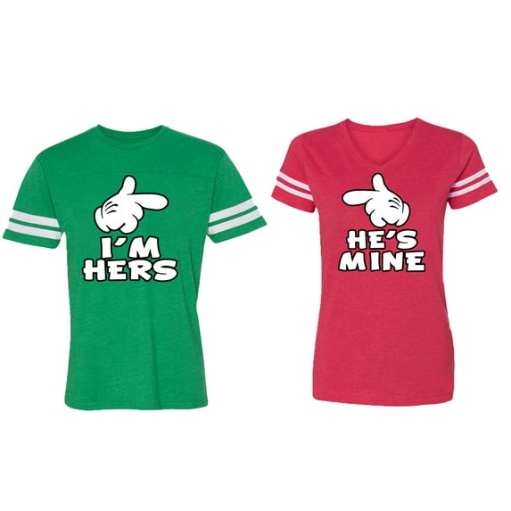 I'm Hers He's Mine Matching Couple Cotton Jerseys (Men Green / Women Red) (Men S / Women XL)