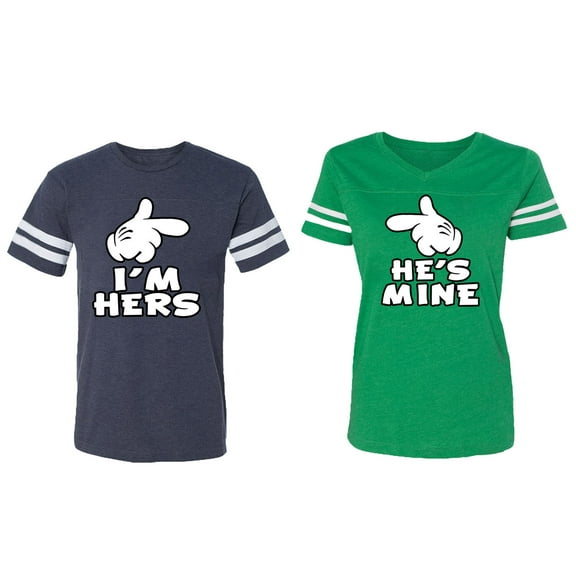 I'm Hers He's Mine Matching Couple Cotton Jerseys (Men Navy / Women Green) (Men L / Women L)