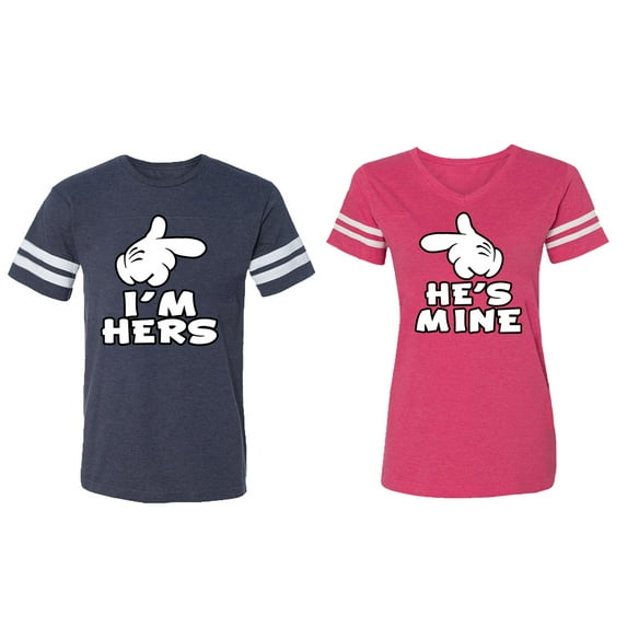 I'm Hers He's Mine Matching Couple Cotton Jerseys (Men Navy / Women Pink) (Men L / Women XL)