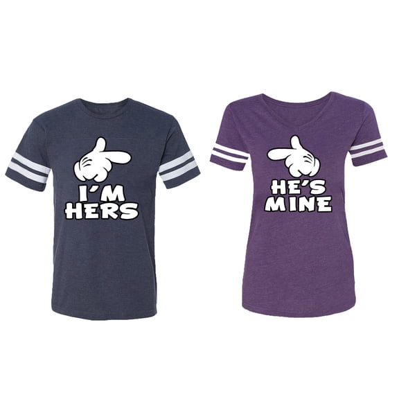 I'm Hers He's Mine Matching Couple Cotton Jerseys (Men Navy / Women Purple) (Men L / Women L)