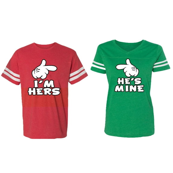 I'm Hers He's Mine Matching Couple Cotton Jerseys (Men Red / Women Green) (Men L / Women L)