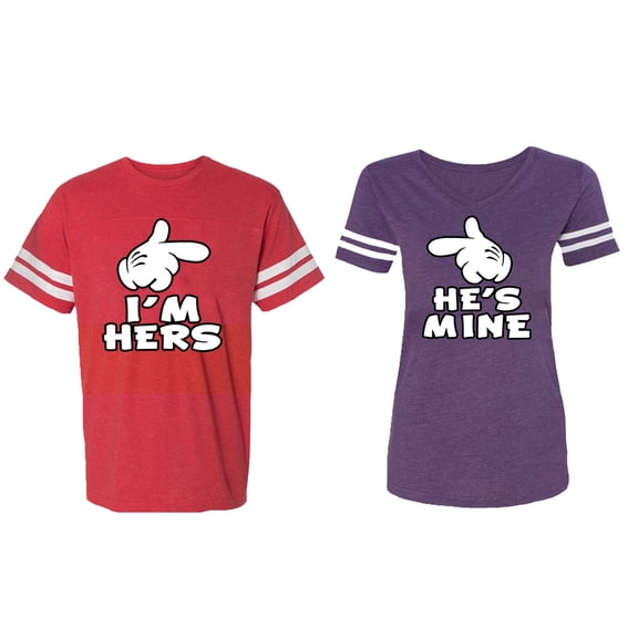I'm Hers He's Mine Matching Couple Cotton Jerseys (Men Red / Women Purple) (Men S / Women M)