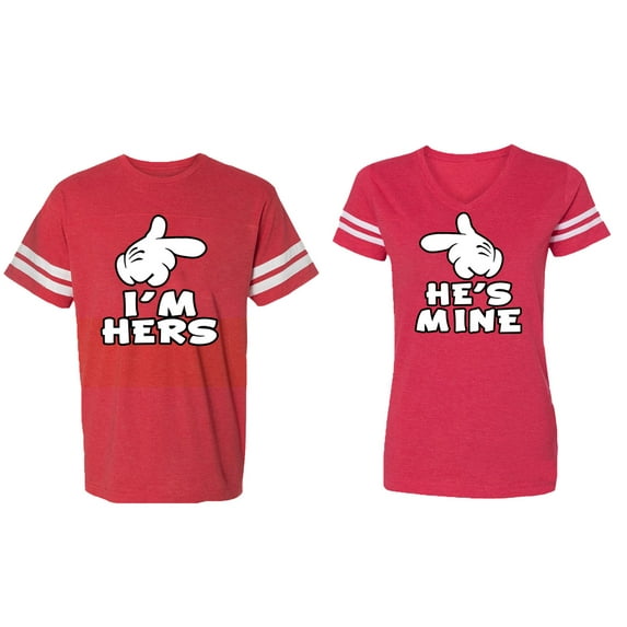 I'm Hers He's Mine Matching Couple Cotton Jerseys (Men Red / Women Red) (Men M / Women L)