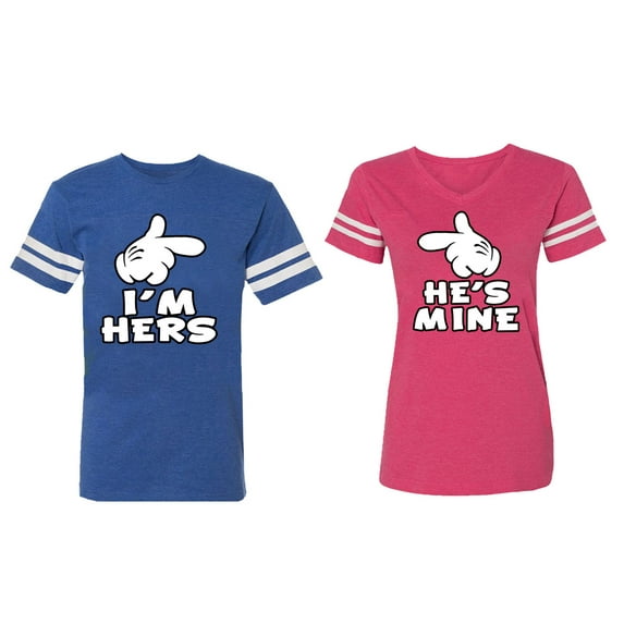 I'm Hers He's Mine Matching Couple Cotton Jerseys (Men Royal / Women Pink) (Men XXL / Women XL)
