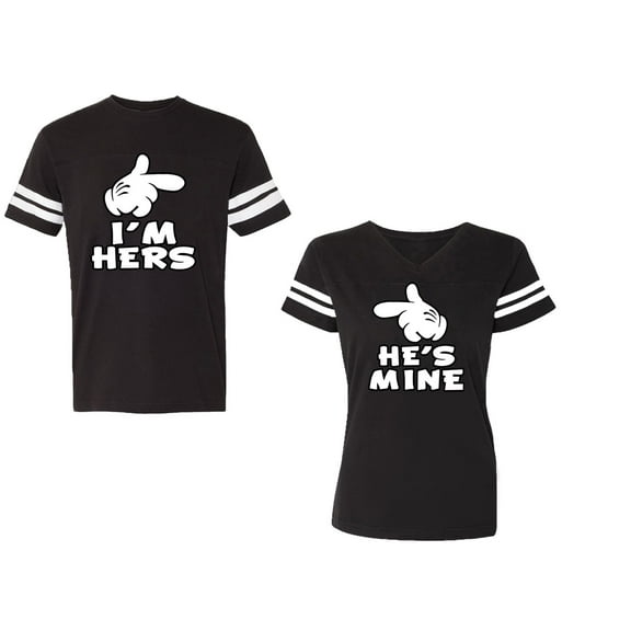 I'm Hers He's Mine Unisex Couple Matching Cotton Jersey style T-Shirt Contrasting stripes on sleeves (Men Black / Women Black) (Men L / Women M)